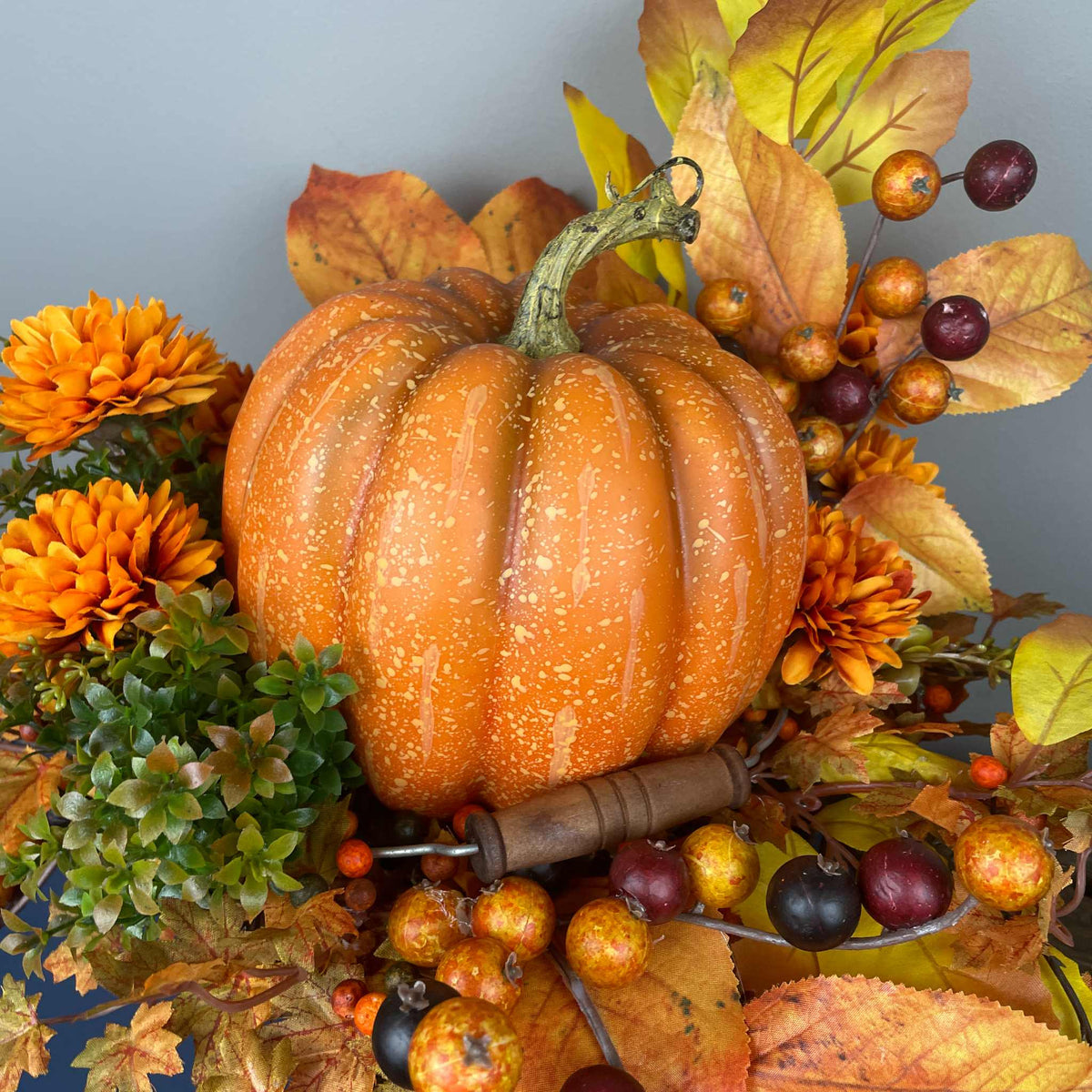 Fall Pumpkin Centerpiece in Wood Basket with Orange Marigolds