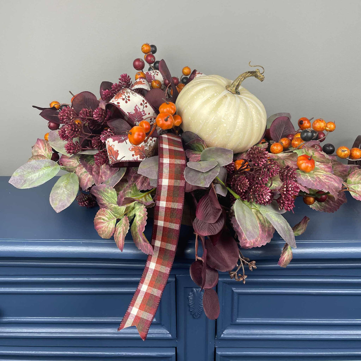 Fall Centerpiece with Cream Pumpkin & Plum Burgundy leaves in Dough Bowl
