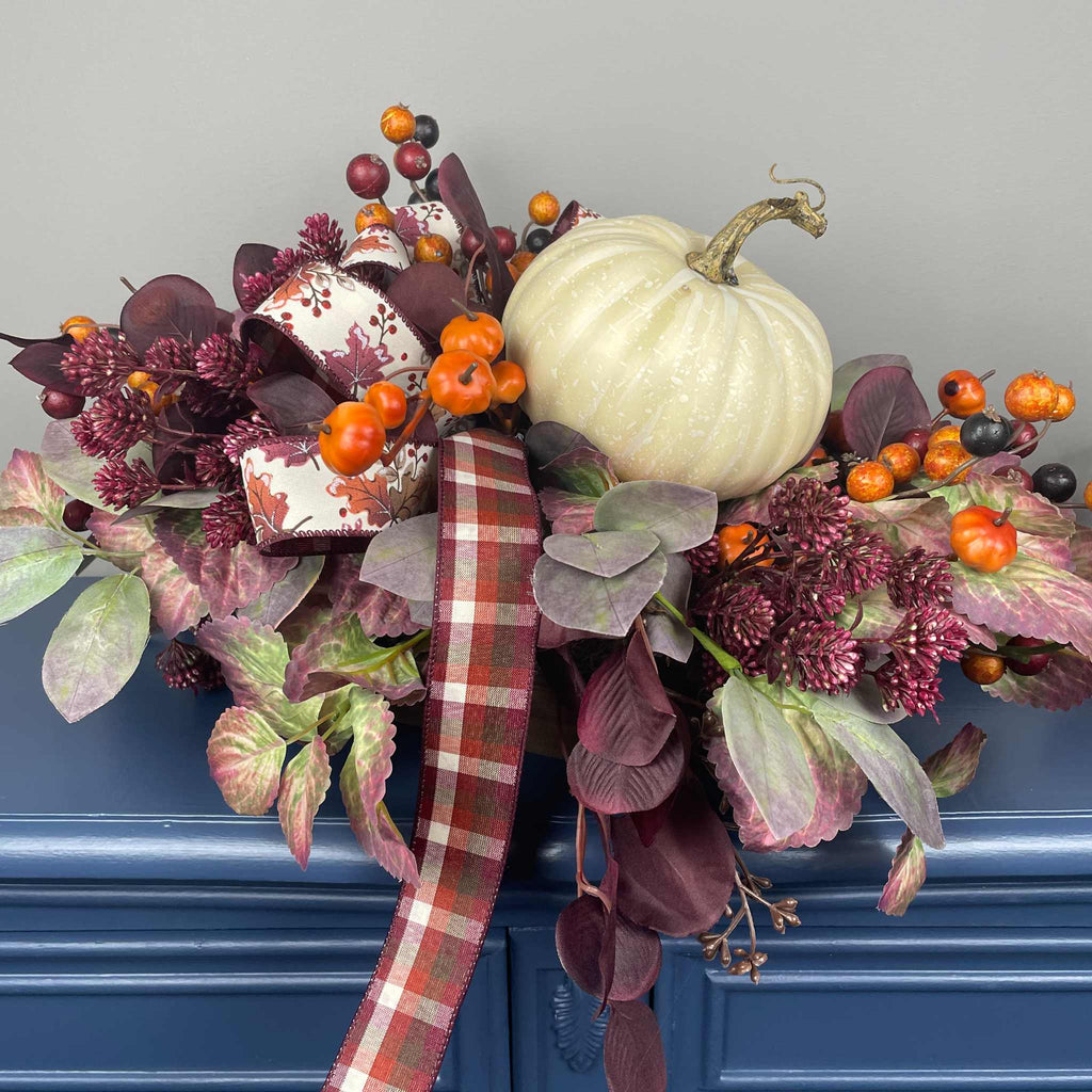 Fall Centerpiece with Cream Pumpkin & Plum Burgundy leaves in Dough Bowl