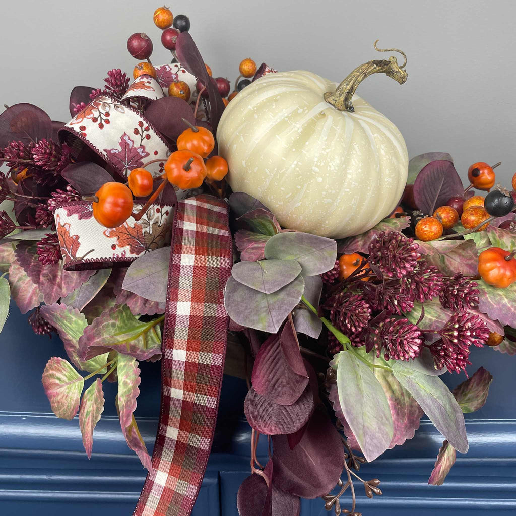 Fall Centerpiece with Cream Pumpkin & Plum Burgundy leaves in Dough Bowl