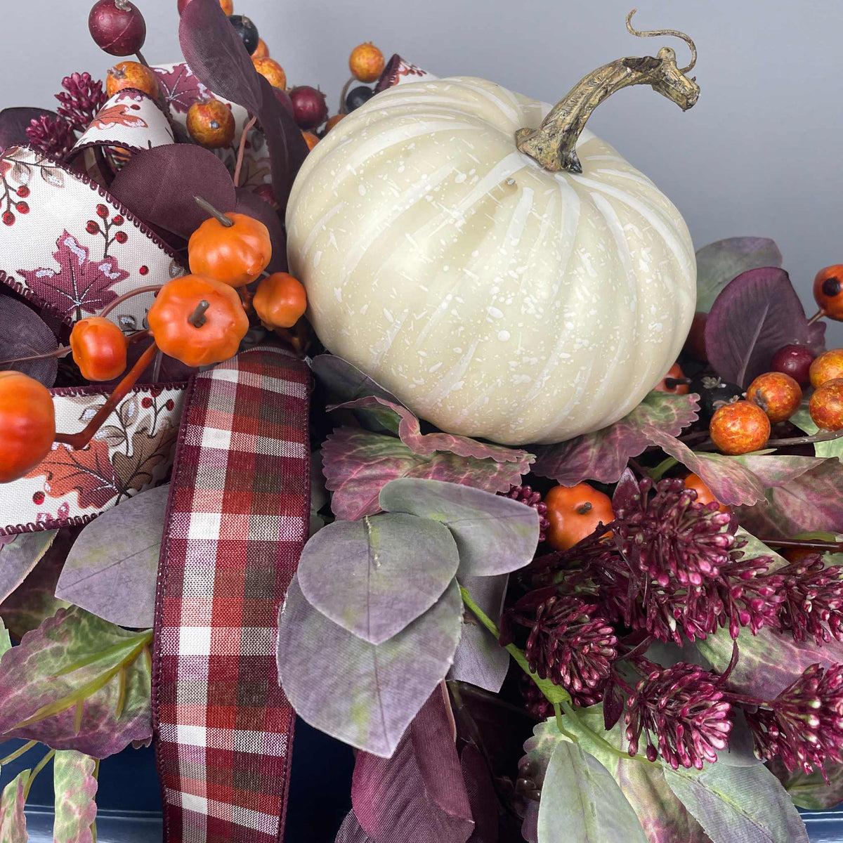 Fall Centerpiece with Cream Pumpkin & Plum Burgundy leaves in Dough Bowl