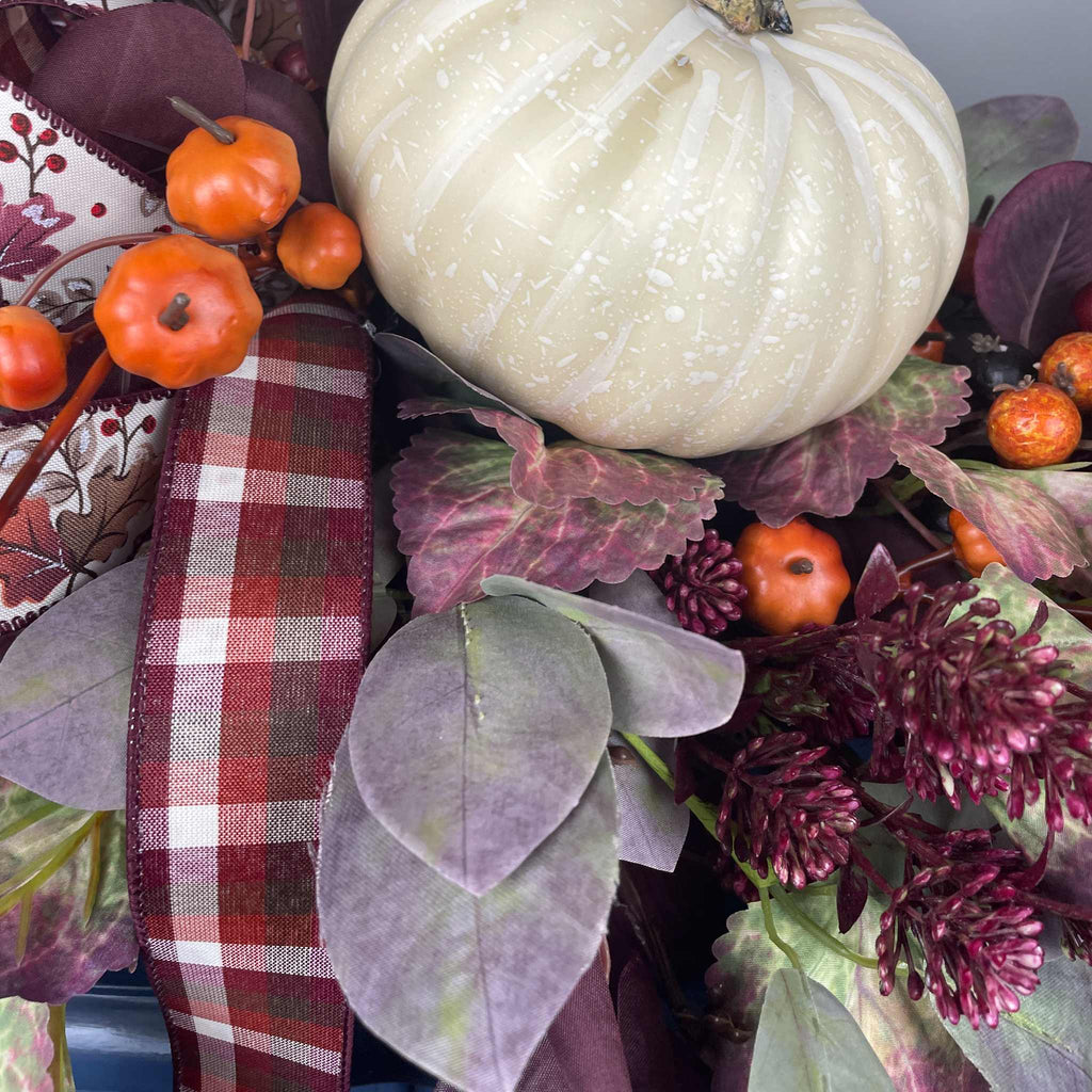 Fall Centerpiece with Cream Pumpkin & Plum Burgundy leaves in Dough Bowl