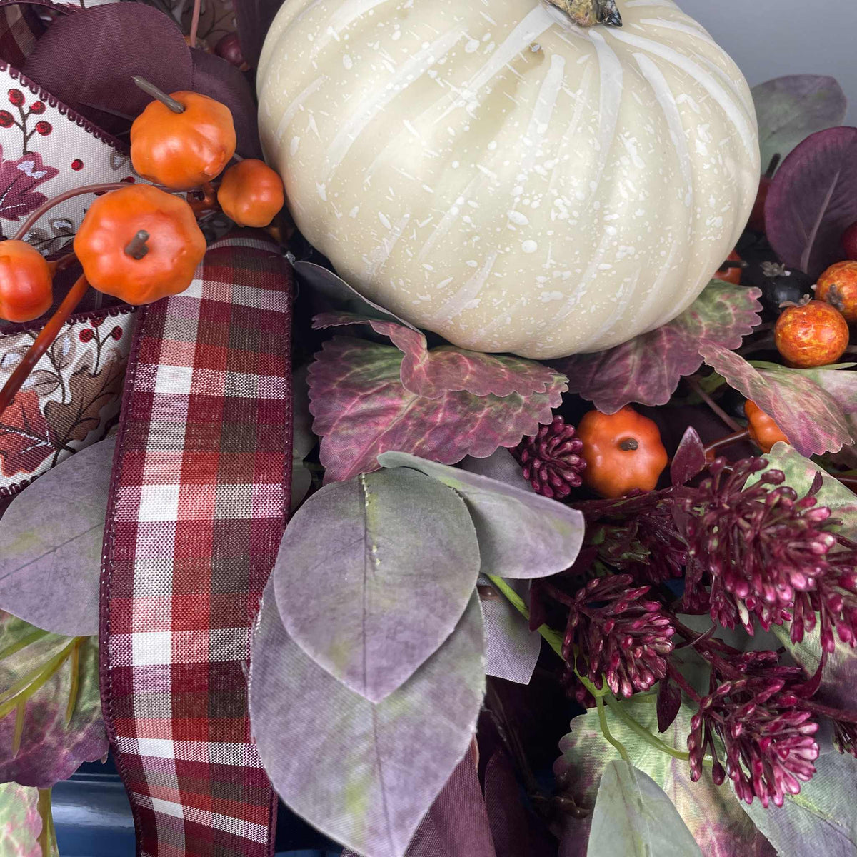 Fall Centerpiece with Cream Pumpkin & Plum Burgundy leaves in Dough Bowl