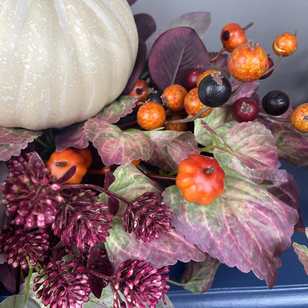 Fall Centerpiece with Cream Pumpkin & Plum Burgundy leaves in Dough Bowl