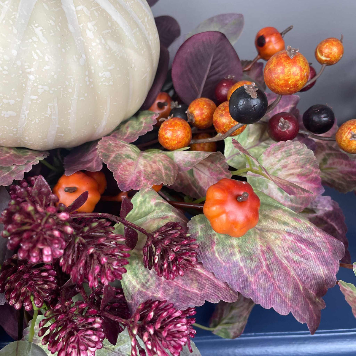 Fall Centerpiece with Cream Pumpkin & Plum Burgundy leaves in Dough Bowl