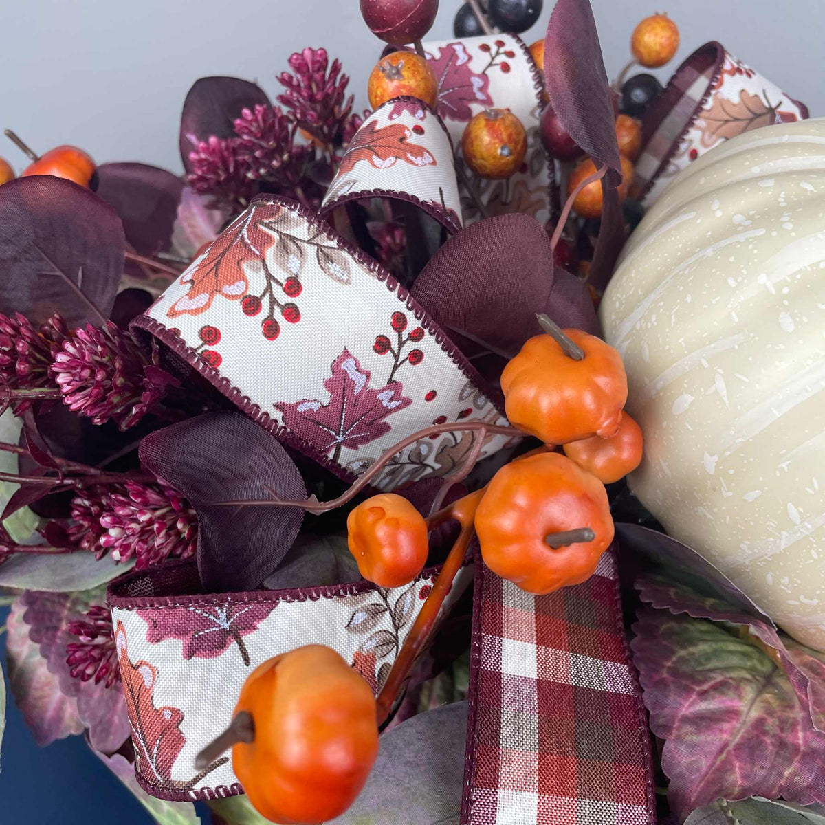 Fall Centerpiece with Cream Pumpkin & Plum Burgundy leaves in Dough Bowl