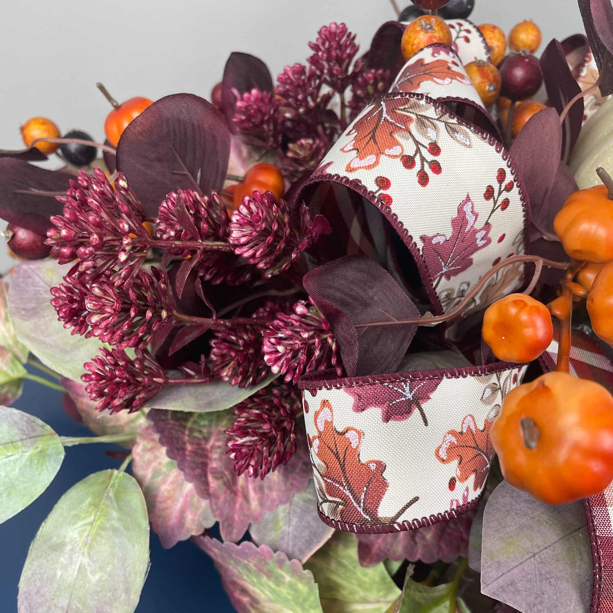 Fall Centerpiece with Cream Pumpkin & Plum Burgundy leaves in Dough Bowl