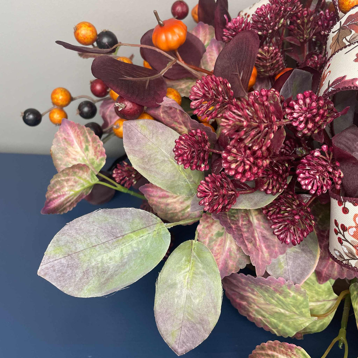 Fall Centerpiece with Cream Pumpkin & Plum Burgundy leaves in Dough Bowl