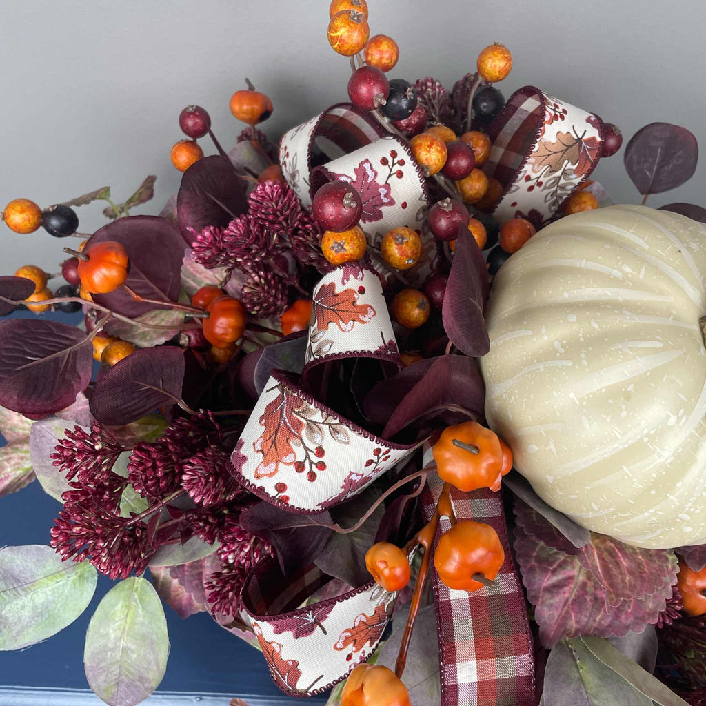 Fall Centerpiece with Cream Pumpkin & Plum Burgundy leaves in Dough Bowl