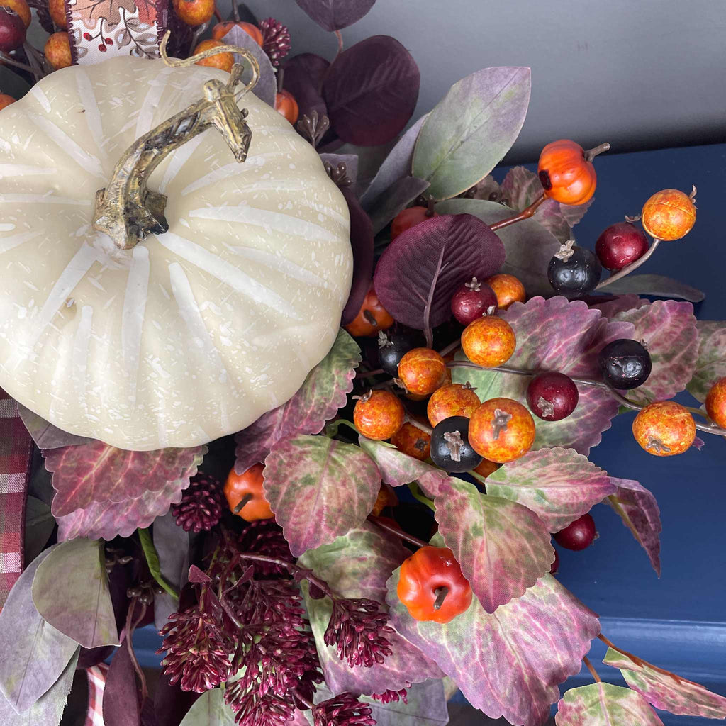 Fall Centerpiece with Cream Pumpkin & Plum Burgundy leaves in Dough Bowl