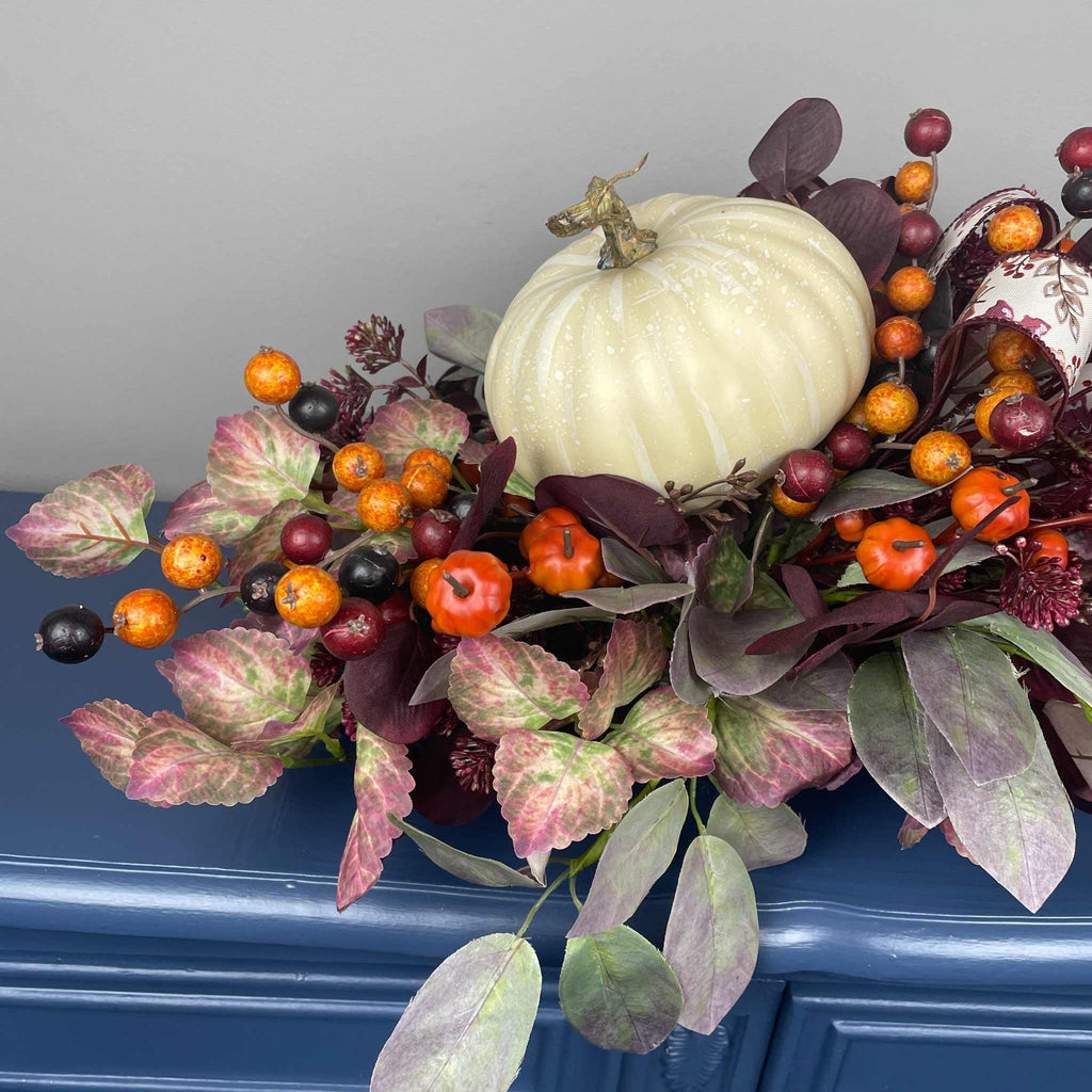 Fall Centerpiece with Cream Pumpkin & Plum Burgundy leaves in Dough Bowl