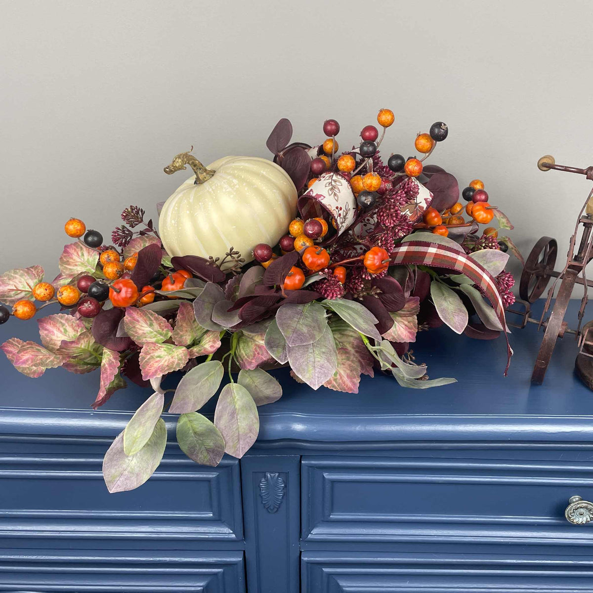 Fall Centerpiece with Cream Pumpkin & Plum Burgundy leaves in Dough Bowl