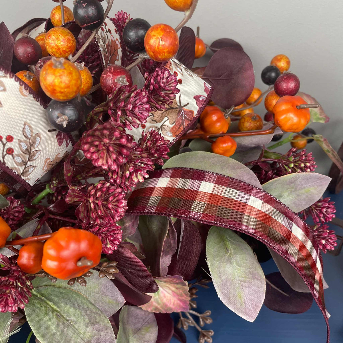 Fall Centerpiece with Cream Pumpkin & Plum Burgundy leaves in Dough Bowl