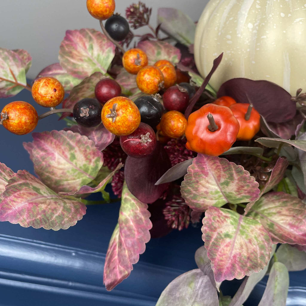 Fall Centerpiece with Cream Pumpkin & Plum Burgundy leaves in Dough Bowl