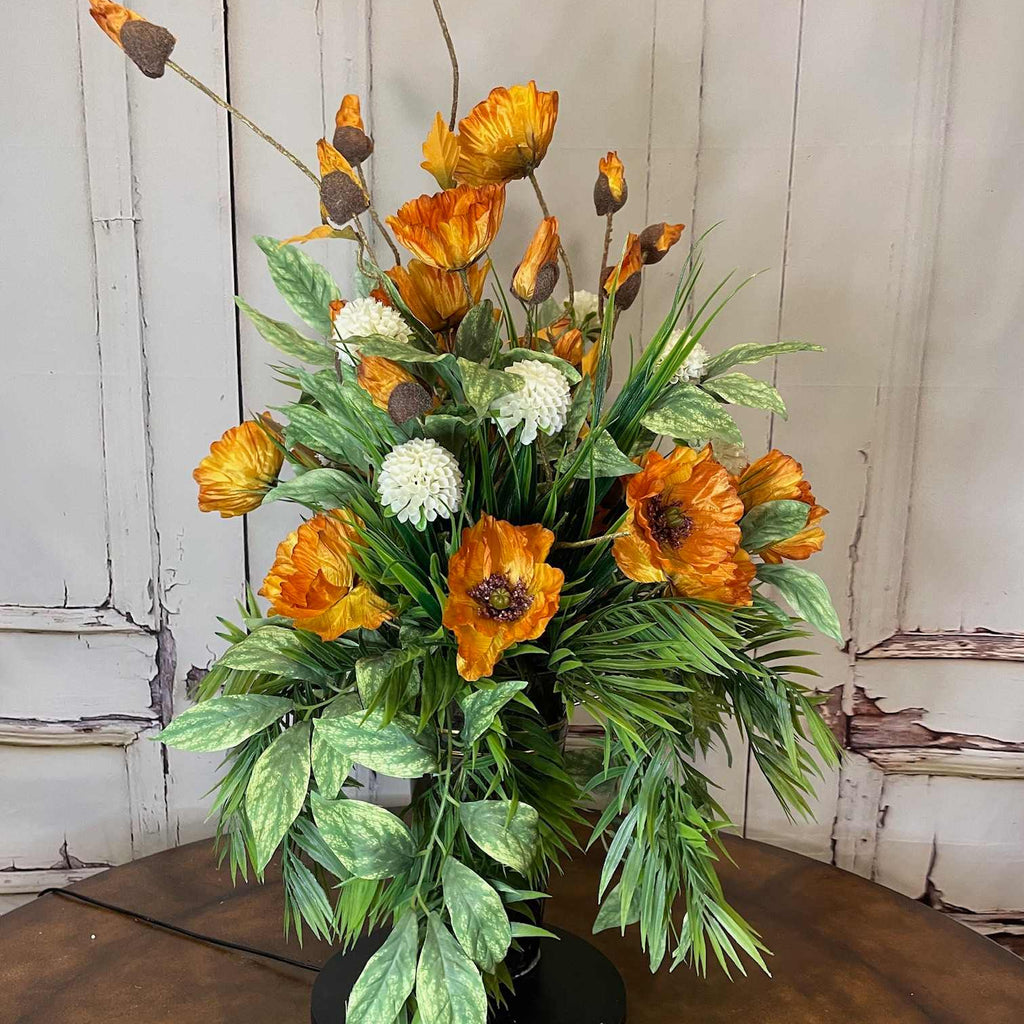 Orange Poppy Arrangement in Brushed Silver Metal Planter | Fall Centerpiece