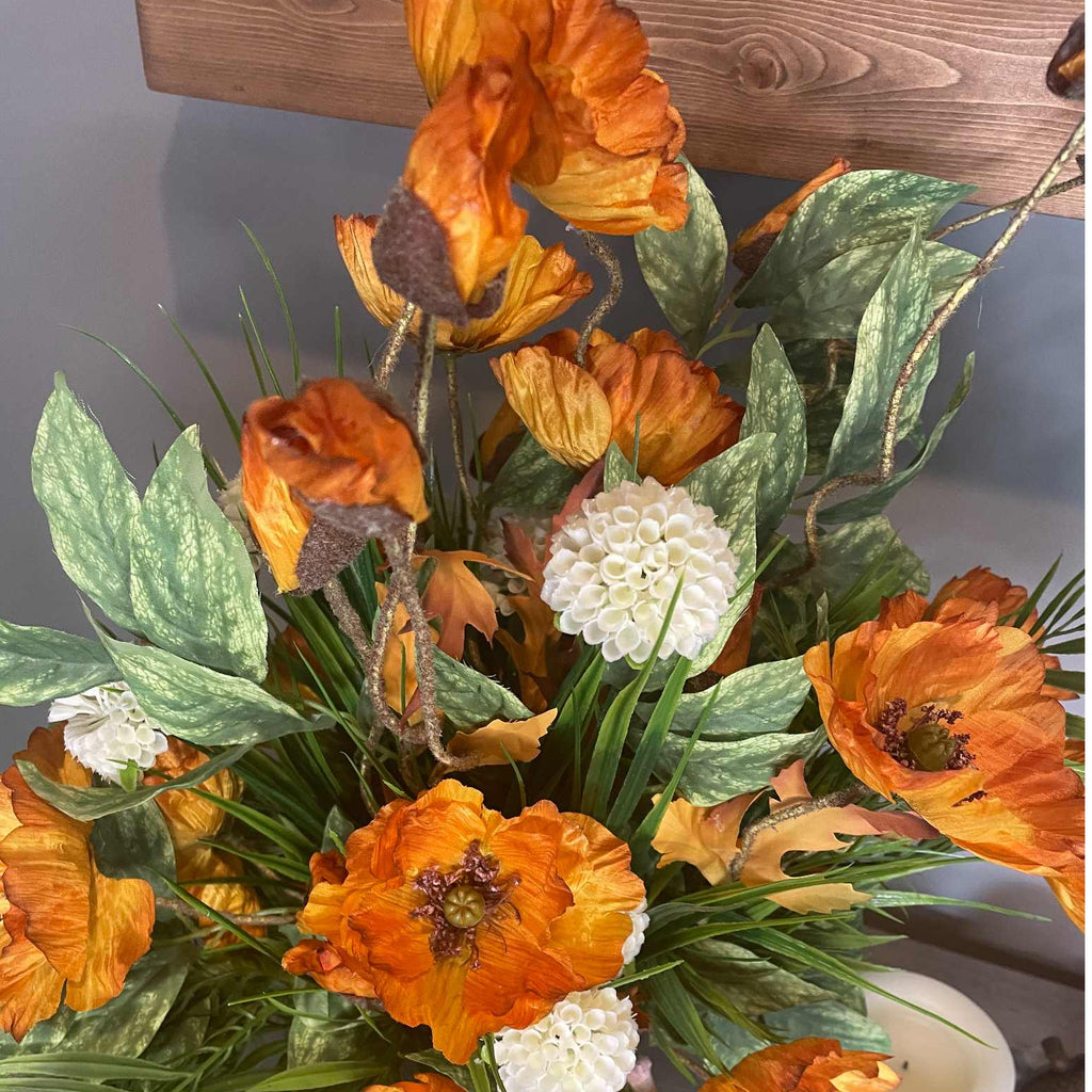 Orange Poppy Arrangement in Brushed Silver Metal Planter | Fall Centerpiece