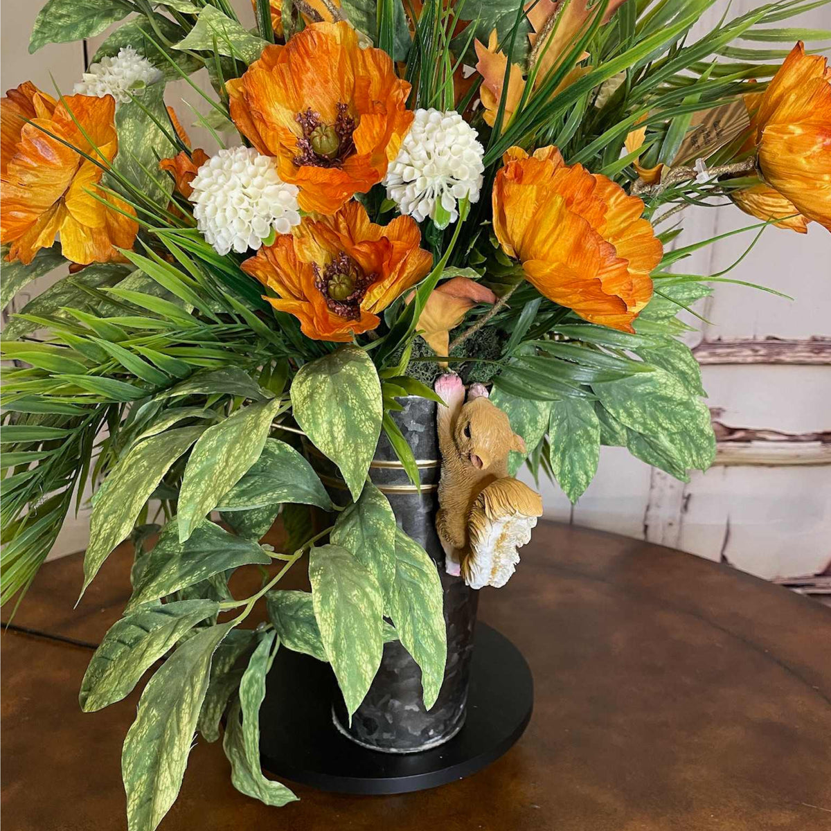 Orange Poppy Arrangement in Brushed Silver Metal Planter | Fall Centerpiece