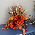 Fall Sunflower Centerpiece with Pumpkins in Rustic Brown Bark Planter