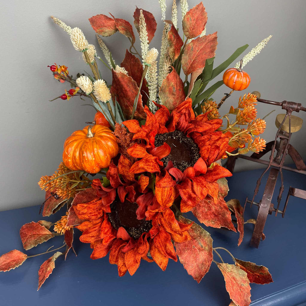 Fall Sunflower Centerpiece with Pumpkins in Rustic Brown Bark Planter