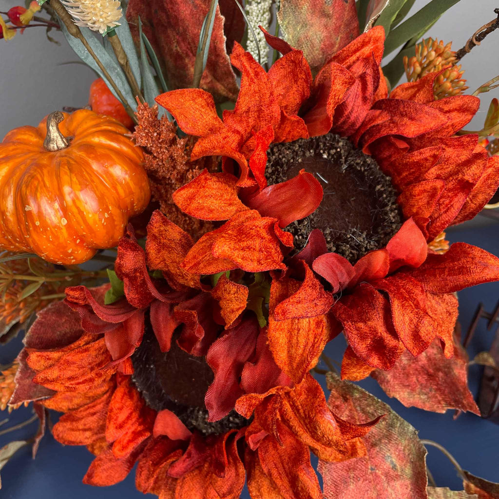 Fall Sunflower Centerpiece with Pumpkins in Rustic Brown Bark Planter
