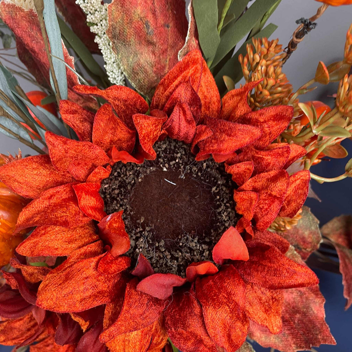 Fall Sunflower Centerpiece with Pumpkins in Rustic Brown Bark Planter