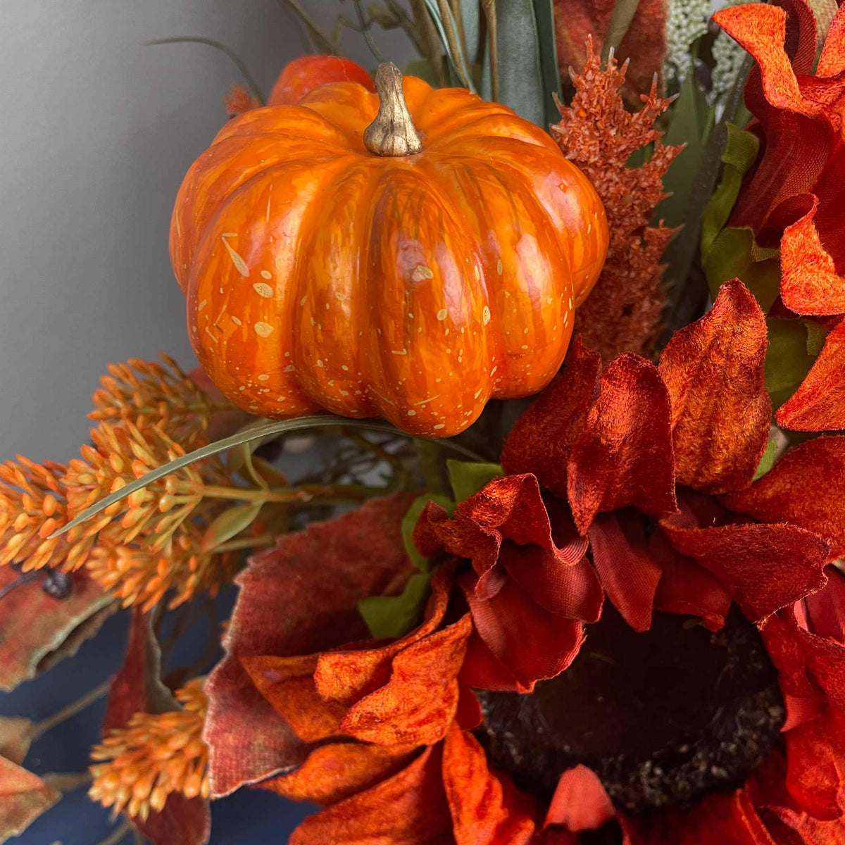 Fall Sunflower Centerpiece with Pumpkins in Rustic Brown Bark Planter