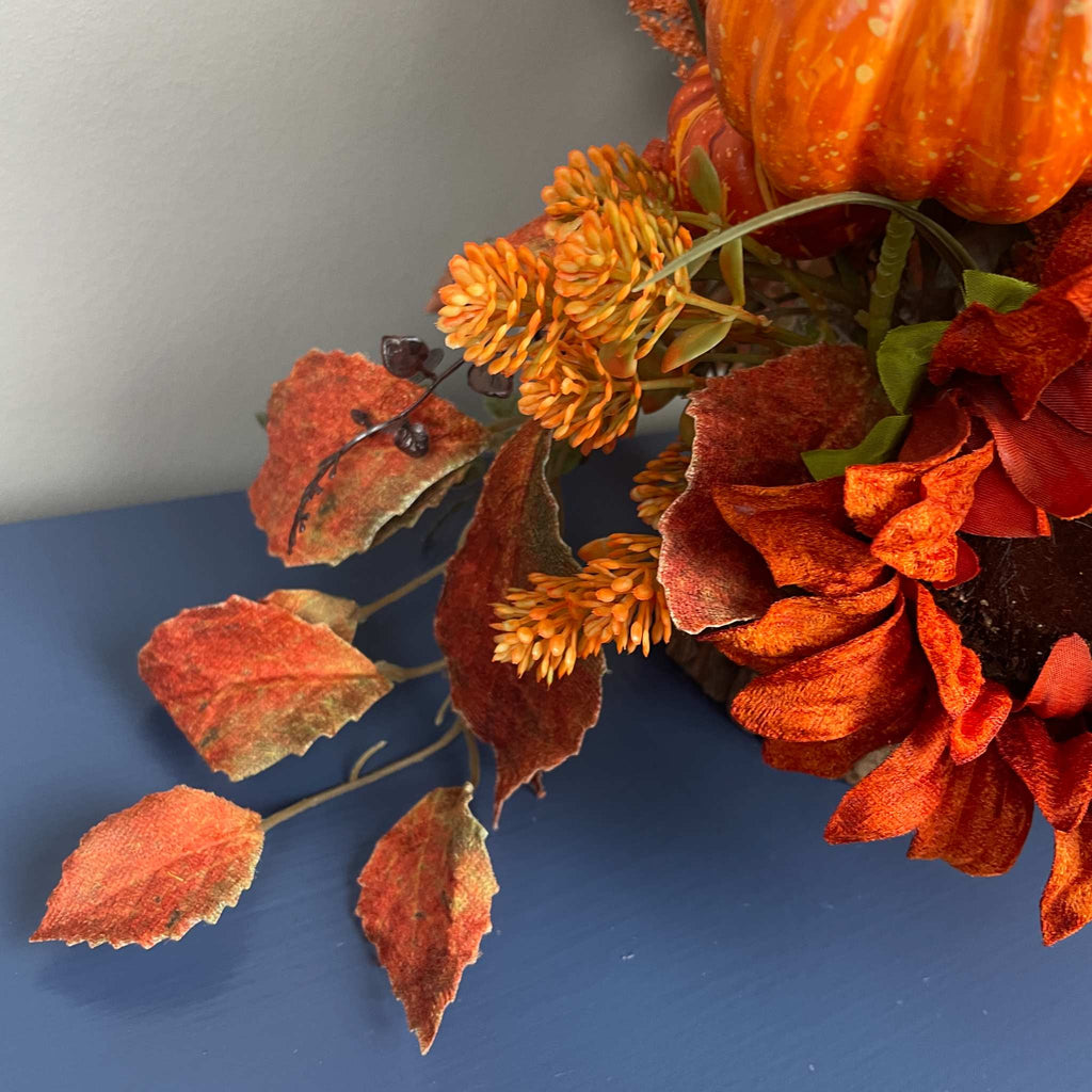 Fall Sunflower Centerpiece with Pumpkins in Rustic Brown Bark Planter