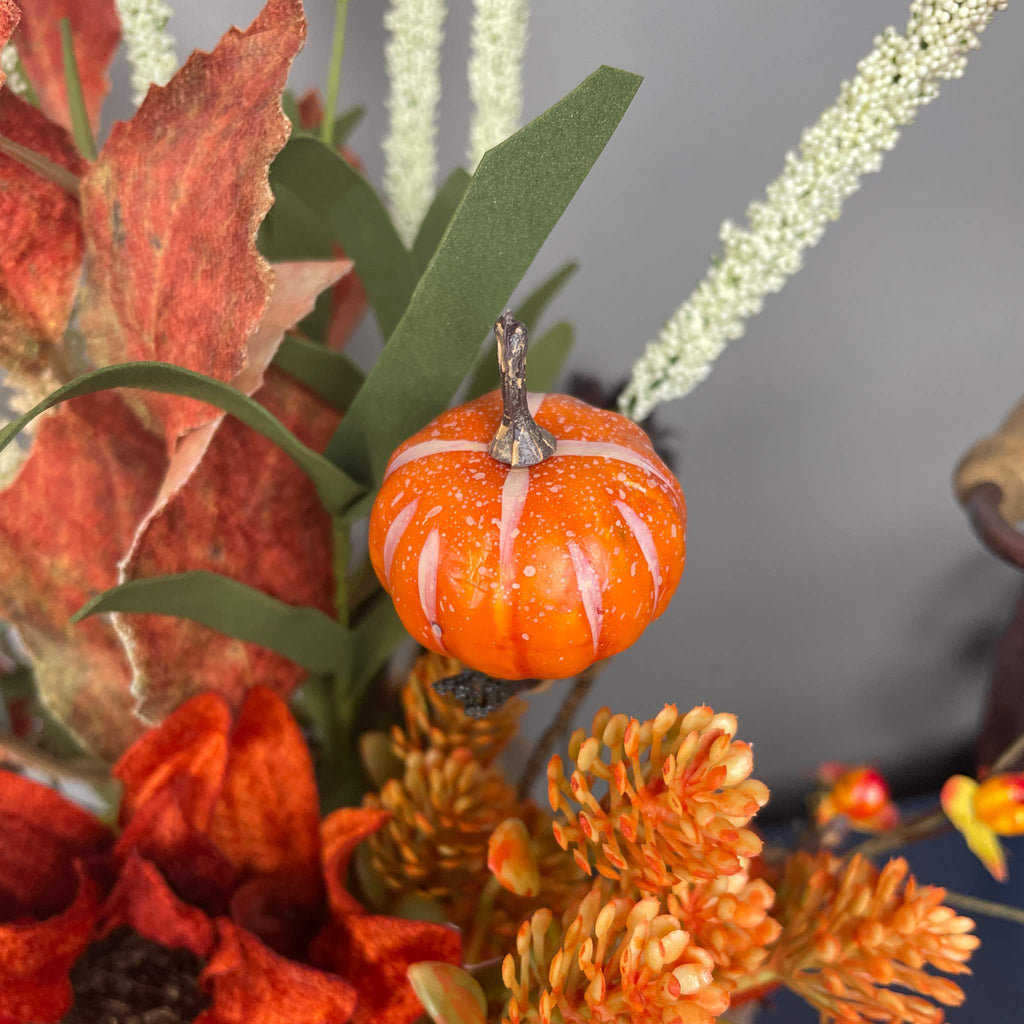 Fall Sunflower Centerpiece with Pumpkins in Rustic Brown Bark Planter
