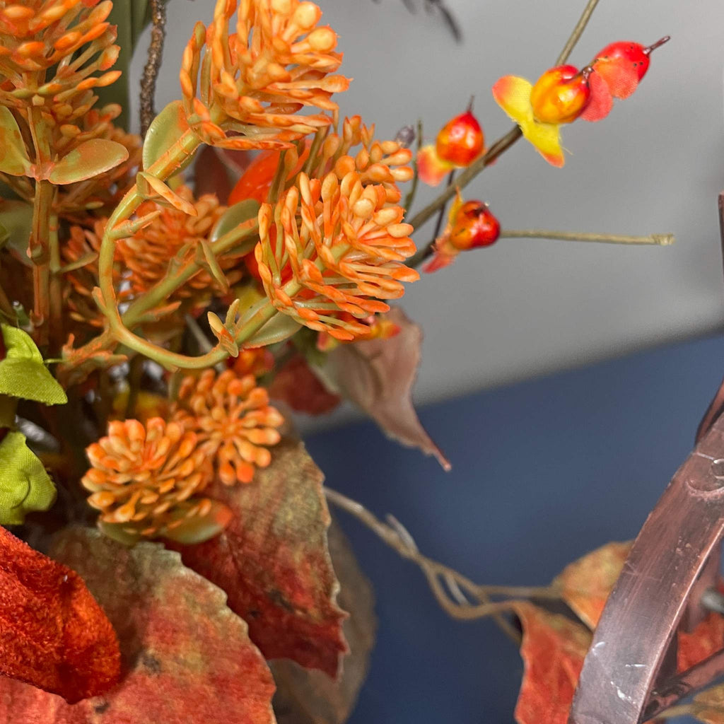 Fall Sunflower Centerpiece with Pumpkins in Rustic Brown Bark Planter