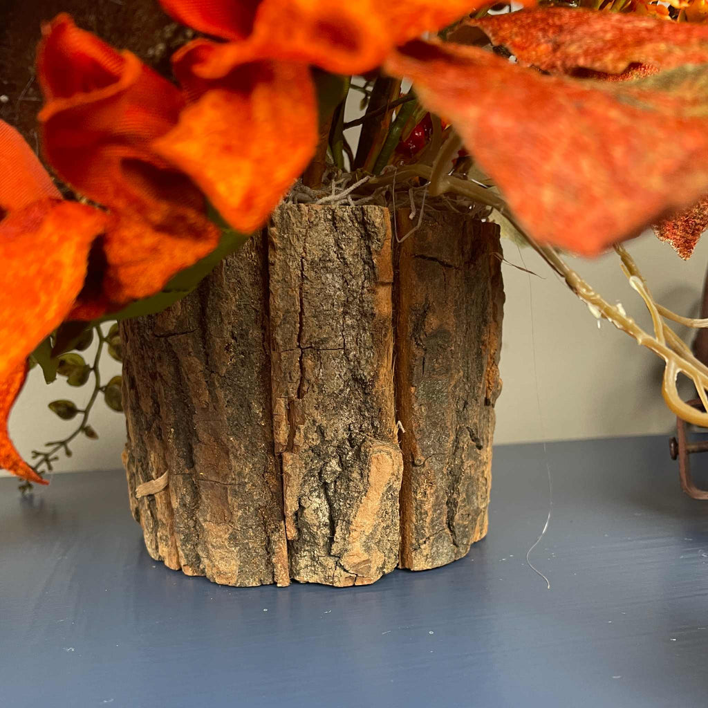 Fall Sunflower Centerpiece with Pumpkins in Rustic Brown Bark Planter