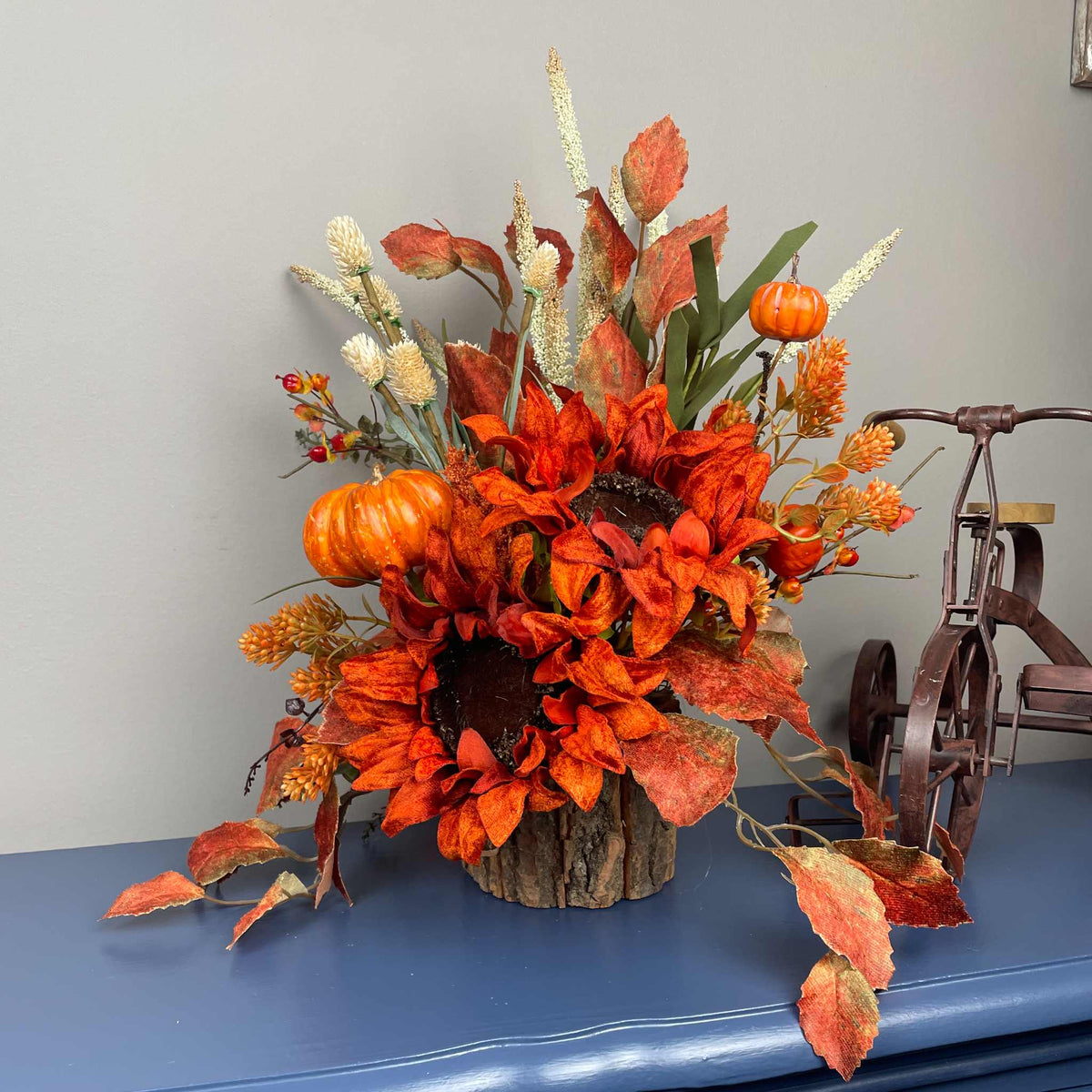 Fall Sunflower Centerpiece with Pumpkins in Rustic Brown Bark Planter