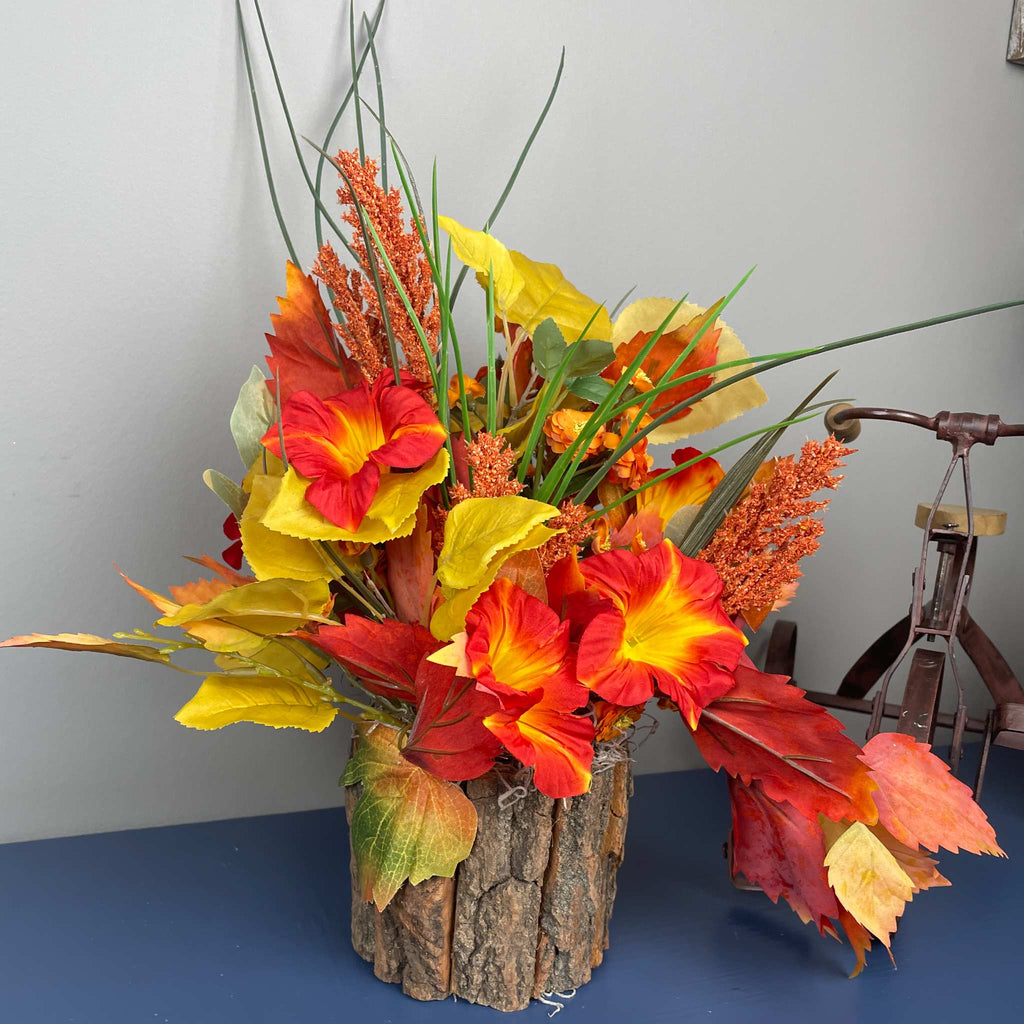 Fall Floral Arrangement in Rustic Bark Planter with Orange Lilies
