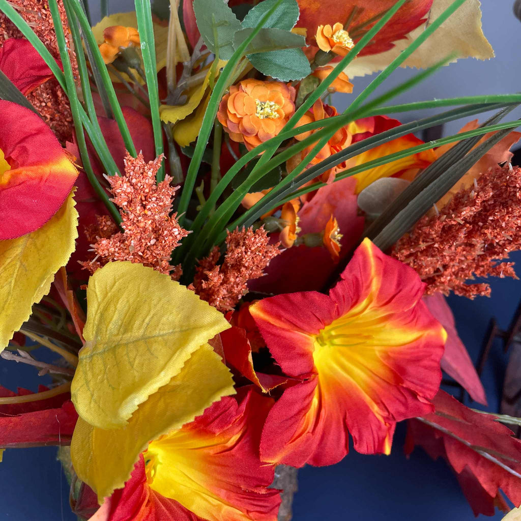 Fall Floral Arrangement in Rustic Bark Planter with Orange Lilies