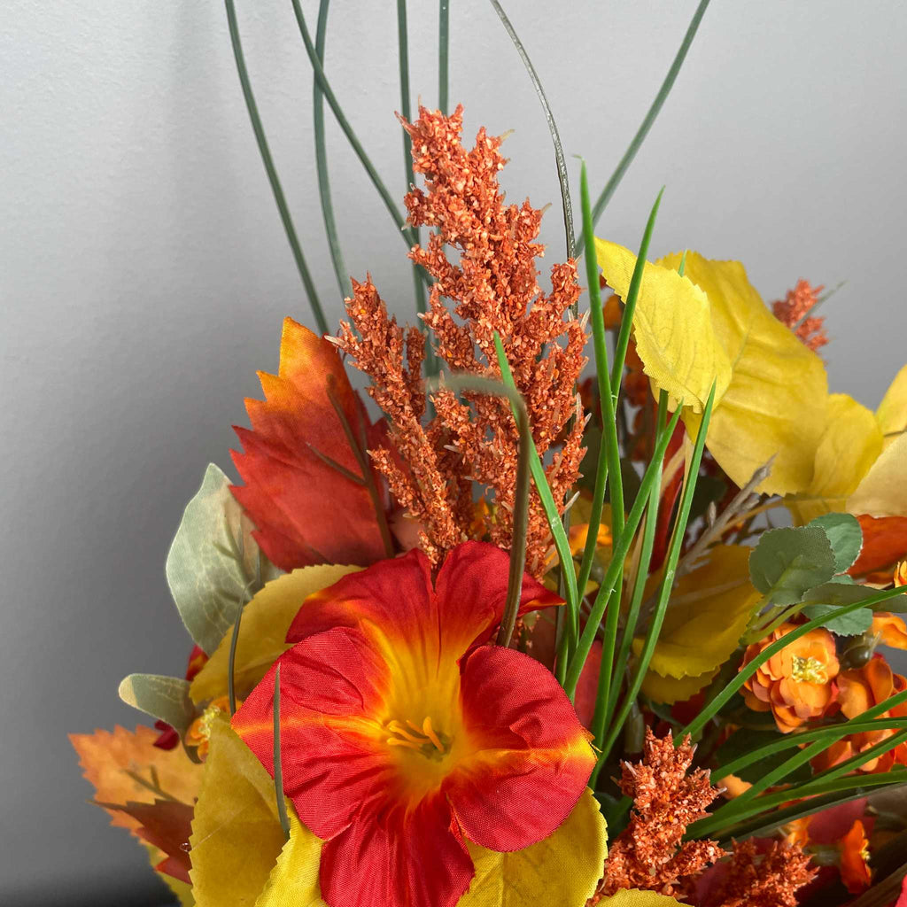 Fall Floral Arrangement in Rustic Bark Planter with Orange Lilies