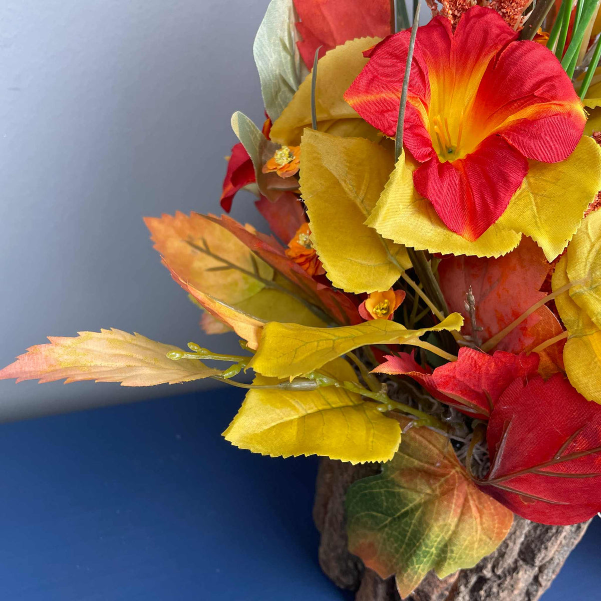 Fall Floral Arrangement in Rustic Bark Planter with Orange Lilies