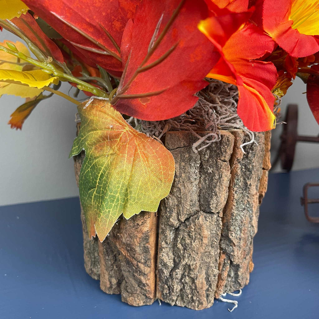 Fall Floral Arrangement in Rustic Bark Planter with Orange Lilies