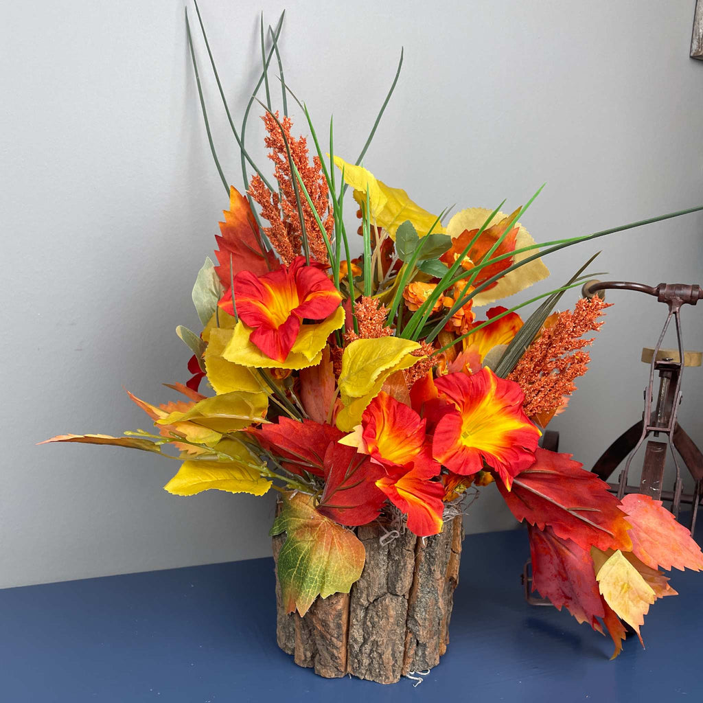 Fall Floral Arrangement in Rustic Bark Planter with Orange Lilies