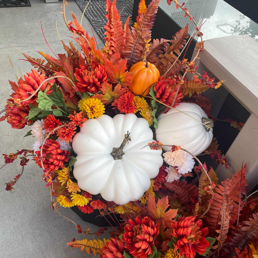 Fall Porch Planter Set with White & Orange Pumpkins - Outdoor Décor