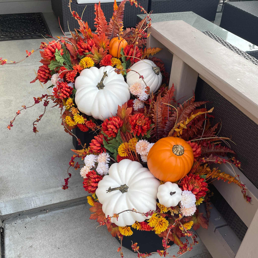 Fall Porch Planter Set with White & Orange Pumpkins - Outdoor Décor