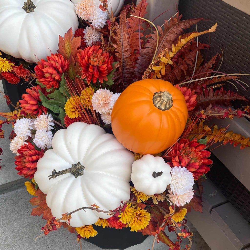 Fall Porch Planter Set with White & Orange Pumpkins - Outdoor Décor