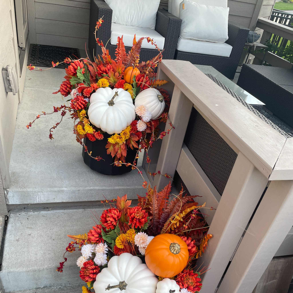 Fall Porch Planter Set with White & Orange Pumpkins - Outdoor Décor