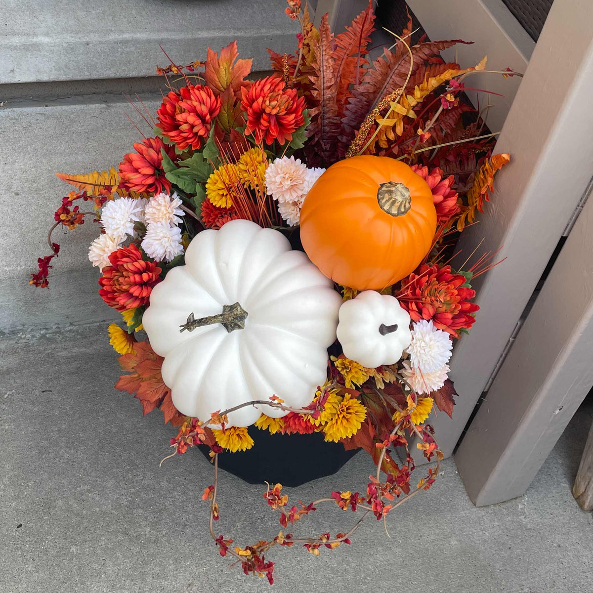 Fall Porch Planter Set with White & Orange Pumpkins - Outdoor Décor