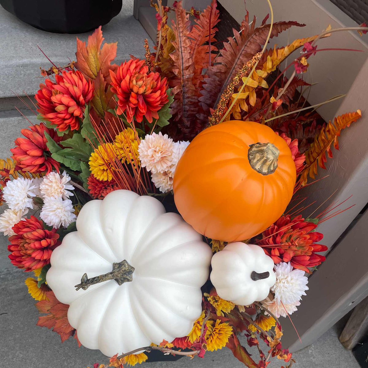 Fall Porch Planter Set with White & Orange Pumpkins - Outdoor Décor