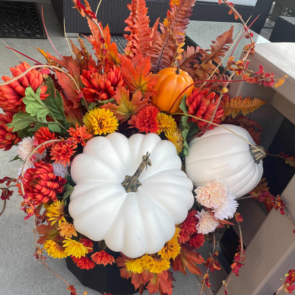 Fall Porch Planter Set with White & Orange Pumpkins - Outdoor Décor