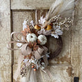 Fall Wreath with Wheat, Cream Pumpkins & Burlap Bow for Front Door