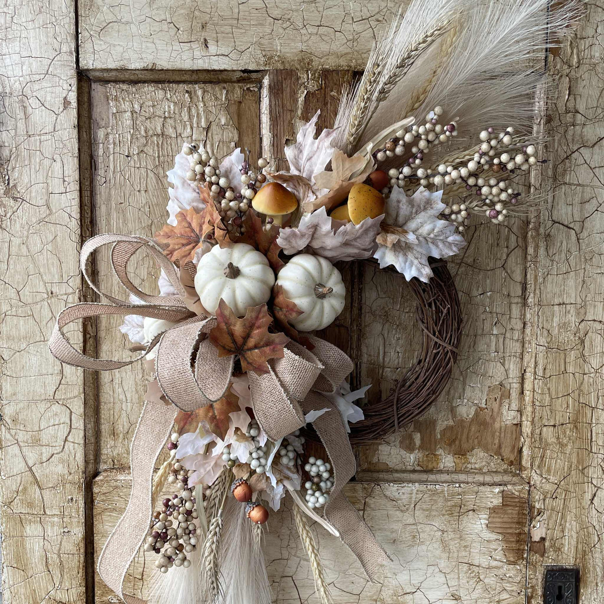 Fall Wreath with Wheat, Cream Pumpkins & Burlap Bow for Front Door