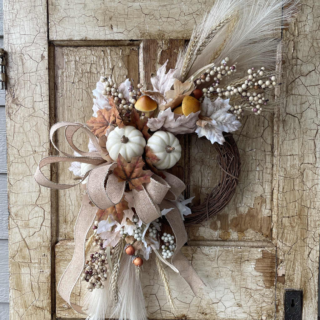 Fall Wreath with Wheat, Cream Pumpkins & Burlap Bow for Front Door