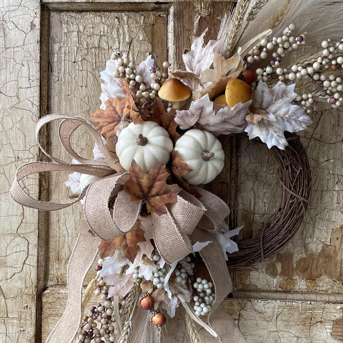 Fall Wreath with Wheat, Cream Pumpkins & Burlap Bow for Front Door