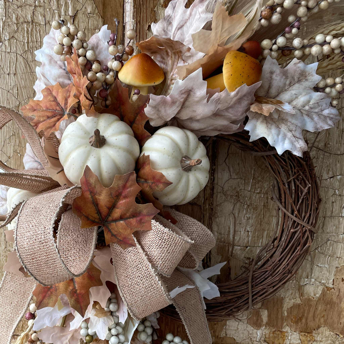 Fall Wreath with Wheat, Cream Pumpkins & Burlap Bow for Front Door