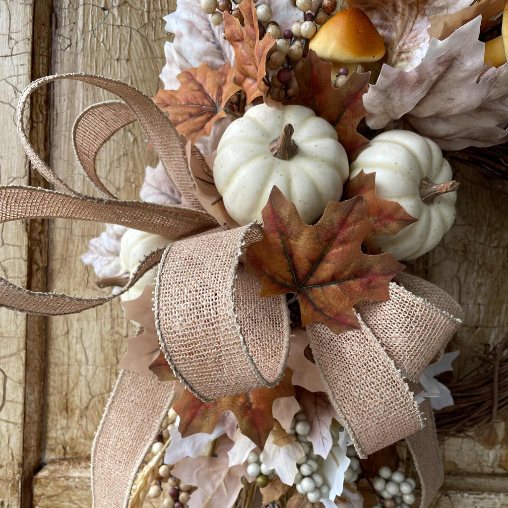Fall Wreath with Wheat, Cream Pumpkins & Burlap Bow for Front Door